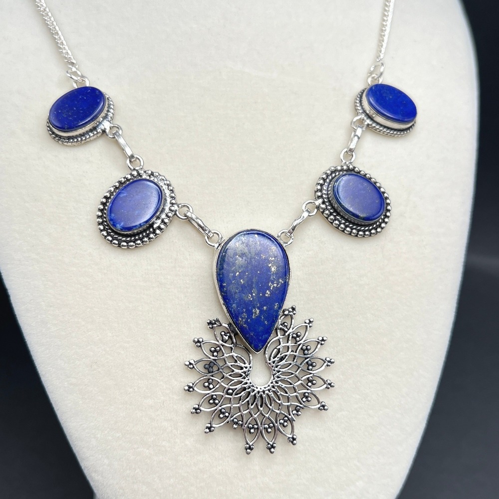 Artisan Boho Necklace Silver Tone Blue Stone Mandala Filigree Celestial Witchy